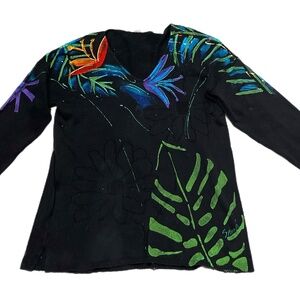 Vintage Sarah Hand Painted Originals Womens Sz XL Black Sweater Tropical Floral